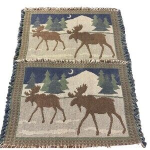 Set Of 2 Rustic Moose Placemats Cotton with fringe beige, brown forest outdoors